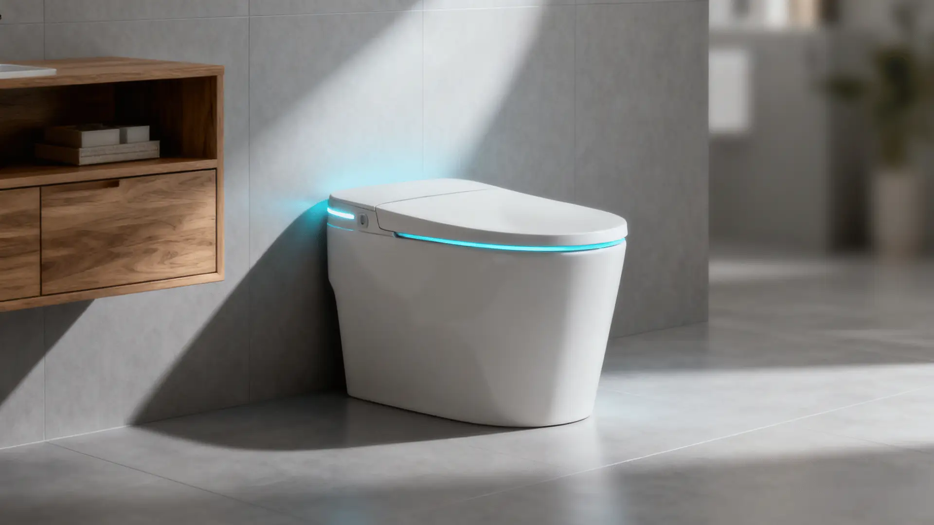 Vaso sanitário inteligente de alta qualidade com design moderno em um banheiro minimalista, representando vasos sanitários inovadores com descarga automática e tecnologia de ponta