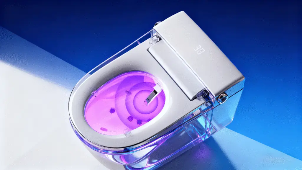 Uma visão macro e em corte da área do bocal de um banheiro inteligente com esterilização por luz ultravioleta em ação.