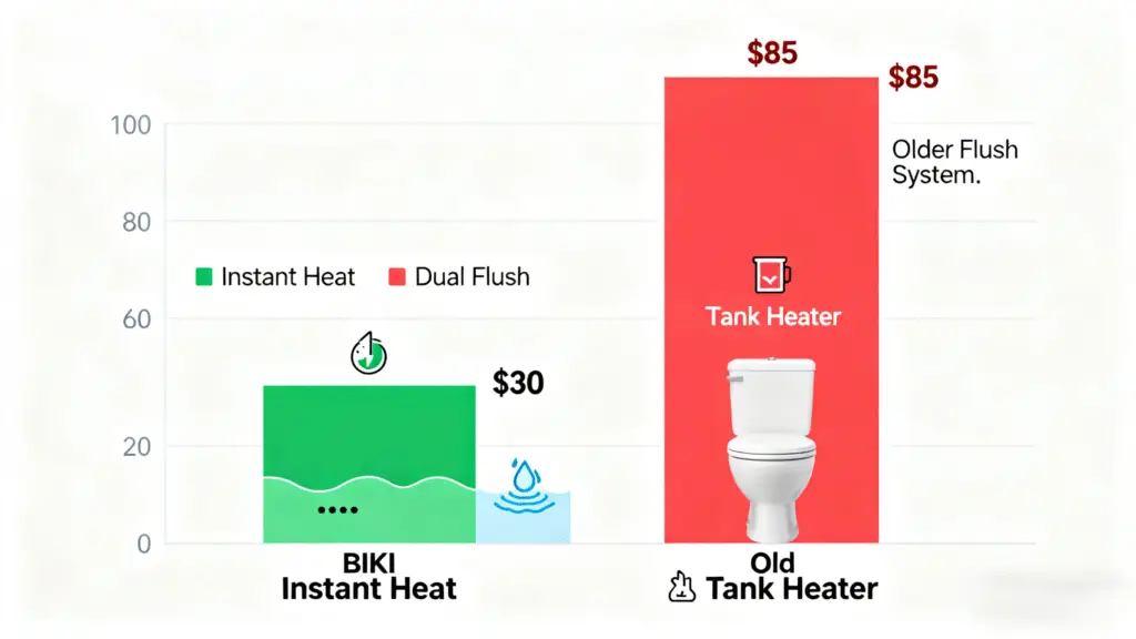 Um infográfico comparando o consumo de energia e água de dois banheiros durante um ano.