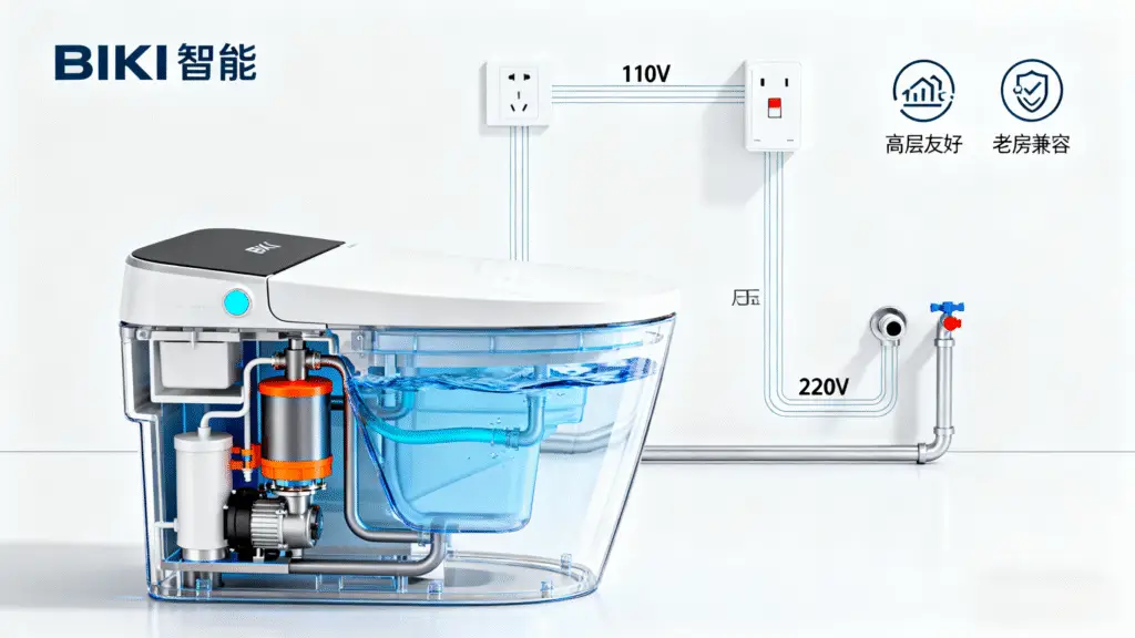 Diagrama em estilo infográfico que mostra a conexão de um vaso sanitário inteligente com o encanamento doméstico e as tomadas elétricas.