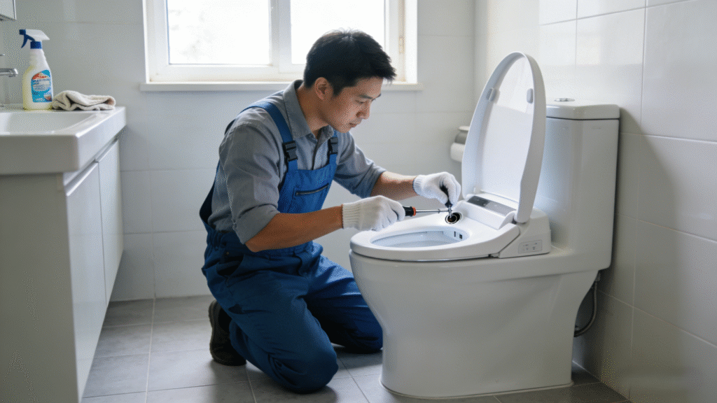 Pessoa instalando um assento de bidê inteligente