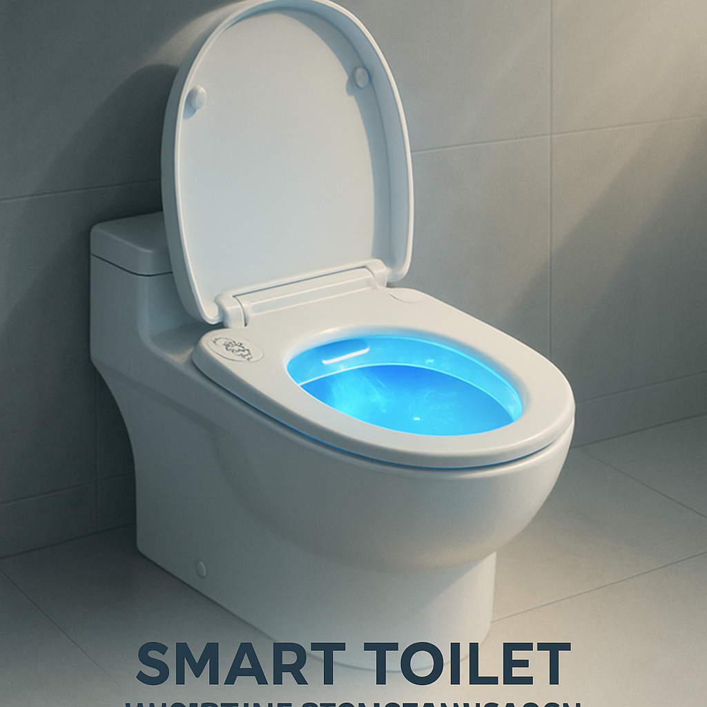 Ilustração mostrando a tecnologia de esterilização por UV em um banheiro