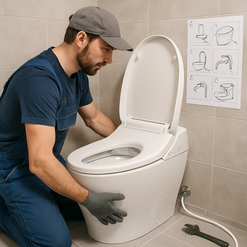 Um profissional instalando um banheiro inteligente com guia passo a passo Imagem realista