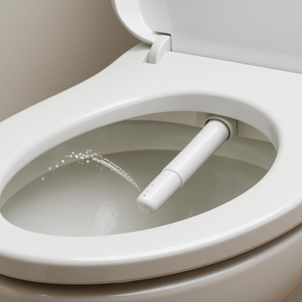 Um close-up limpo da varinha de limpeza de um vaso sanitário inteligente que se estende, com um jato suave de água limpa sendo borrifado para demonstrar sua função e limpeza