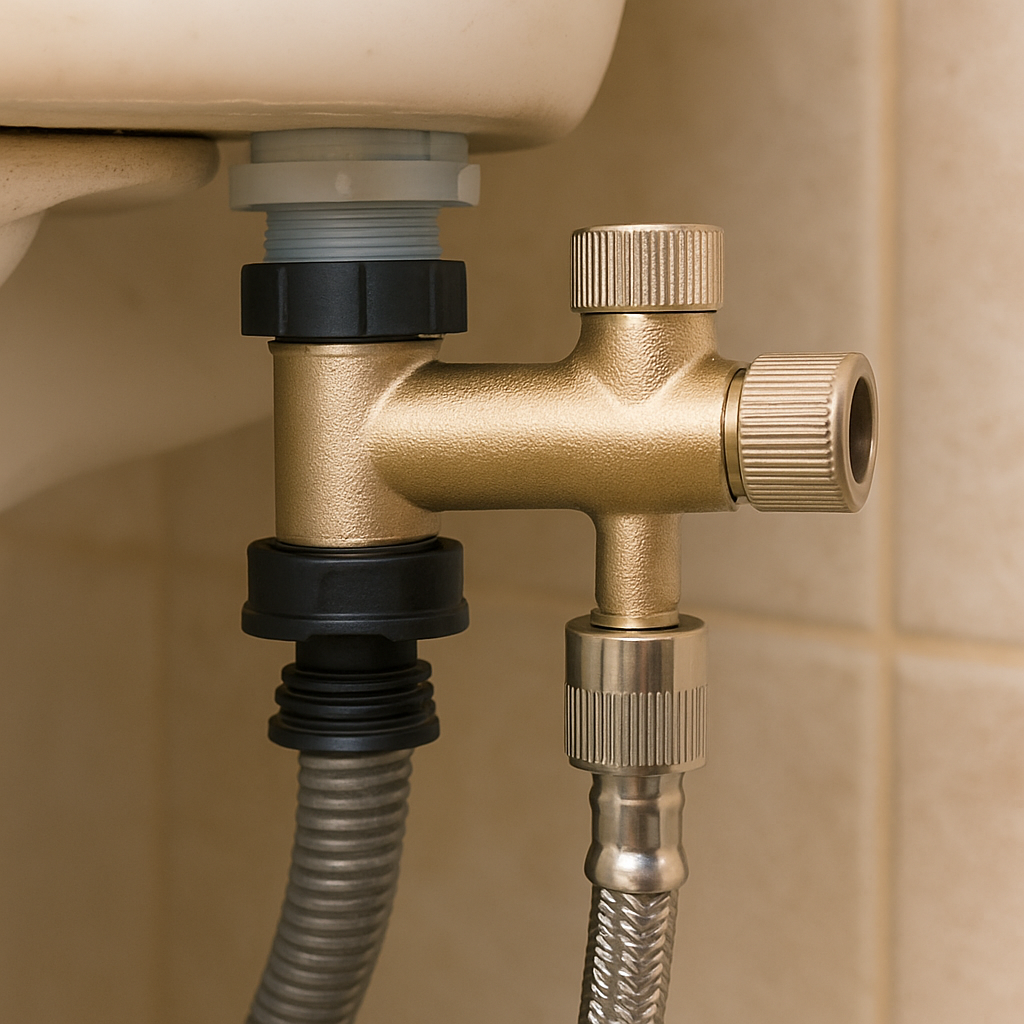 Uma foto limpa e em close-up de um adaptador em T instalado corretamente na válvula de enchimento de um vaso sanitário. Os três pontos de conexão são claramente visíveis: um que sobe para o tanque, um que desce para a mangueira de abastecimento e um que aponta para fora para a mangueira do bidê