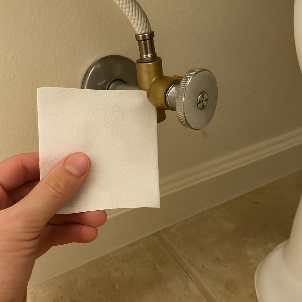 Uma mão segurando um único quadrado de papel higiênico seco contra uma das conexões do adaptador T para demonstrar como verificar se há um gotejamento quase invisível