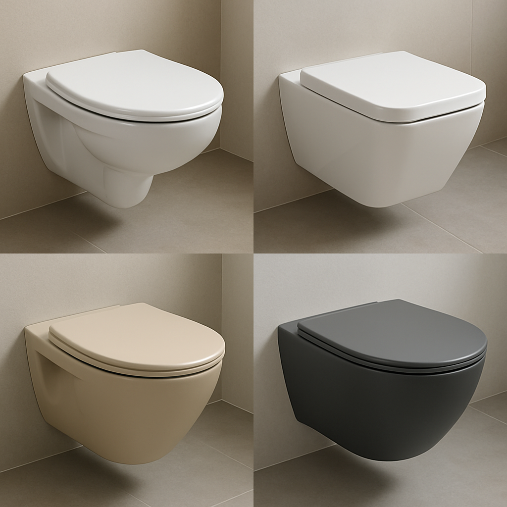 Diferentes estilos de vasos sanitários montados na parede, exibindo formas e acabamentos do vaso