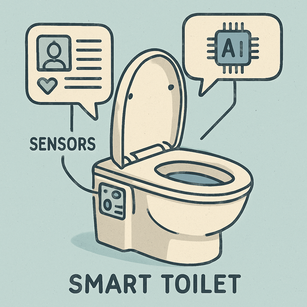 Ilustração de um banheiro inteligente com sensores visíveis e interface de IA