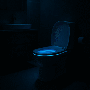 A Modern Bathroom At Night Showing A Soft, Blue Led Glow Emanating From Under The Toilet Rim And A Sleek, Closed Lid