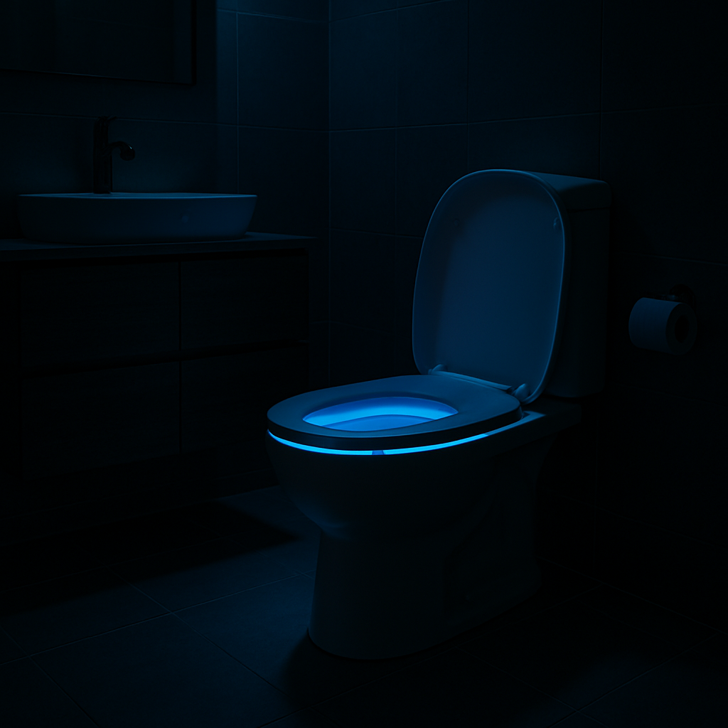 A Modern Bathroom At Night Showing A Soft, Blue Led Glow Emanating From Under The Toilet Rim And A Sleek, Closed Lid