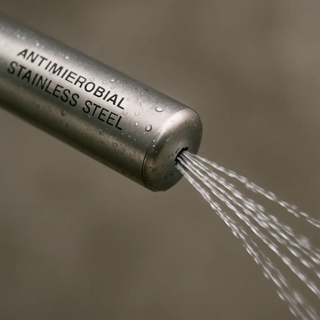 Close Up Of An Antimicrobial Stainless Steel Bidet Nozzle Spraying Water