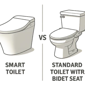 Infographic Comparing A Sleek Integrated Smart Toilet With A Standard Toilet Featuring A Bidet Seat Attachment