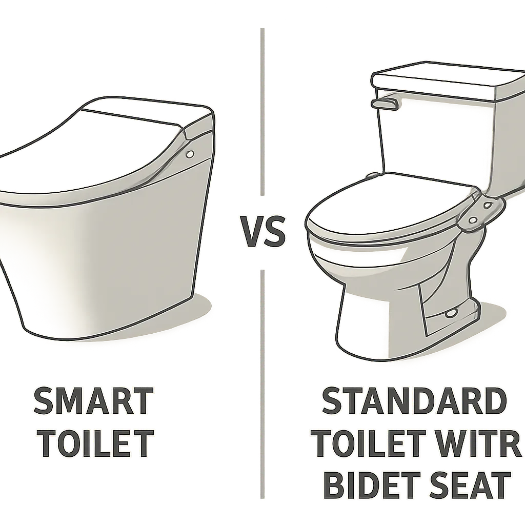 Infographic Comparing A Sleek Integrated Smart Toilet With A Standard Toilet Featuring A Bidet Seat Attachment
