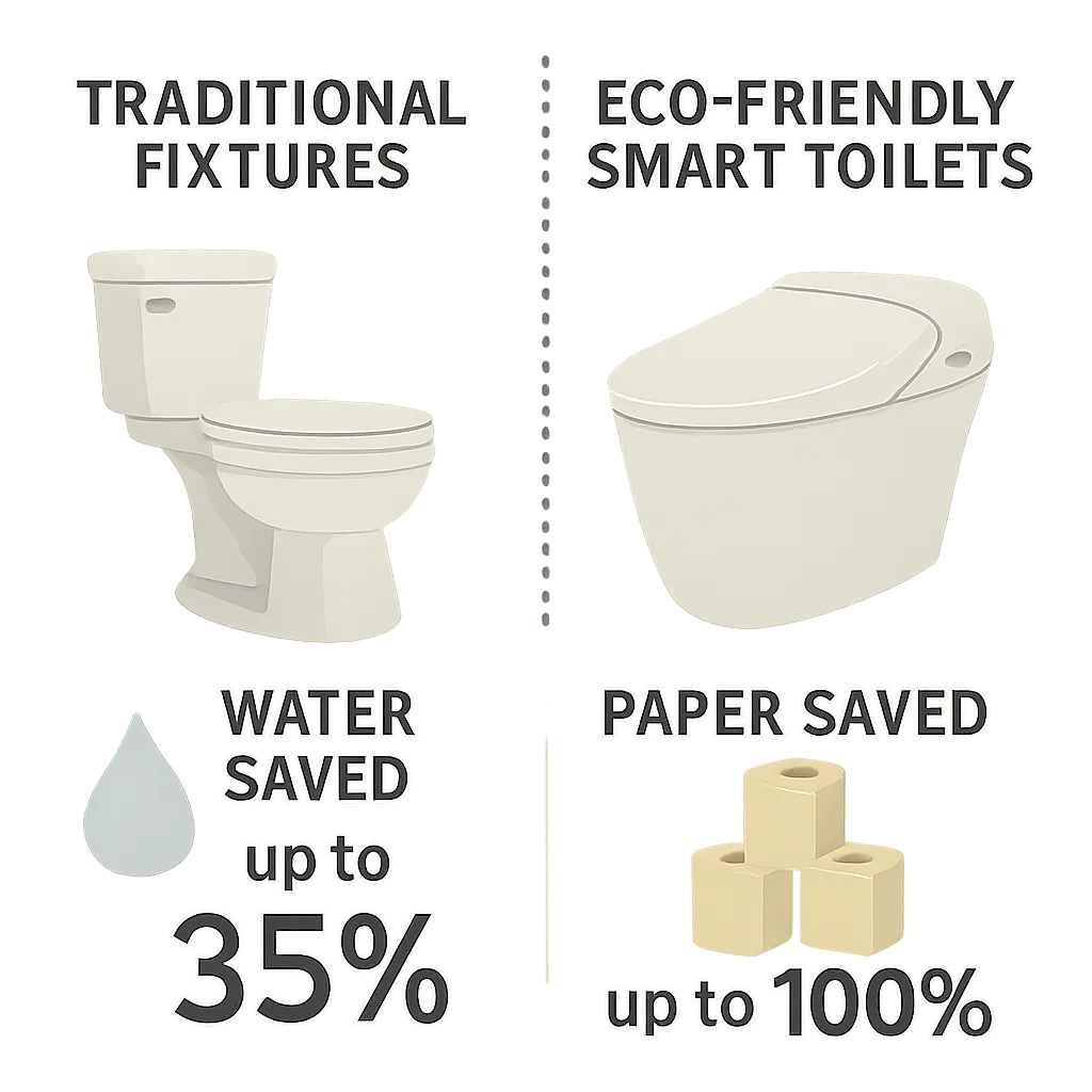 Infographic Showing Water And Paper Saved By Using Eco Friendly Smart Toilets Compared To Traditional Fixtures