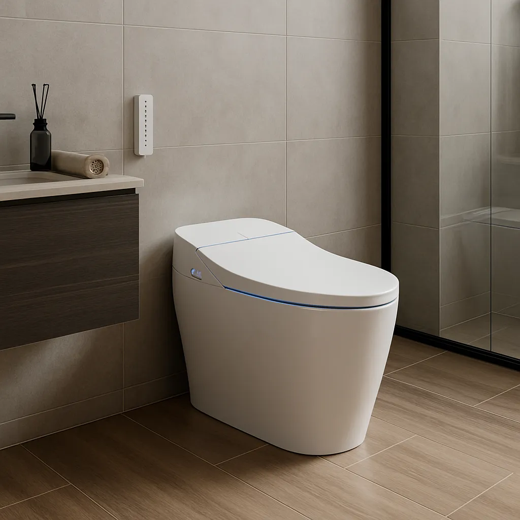 Modern Luxury Bathroom Featuring A Sleek, Tankless Smart Bidet Toilet