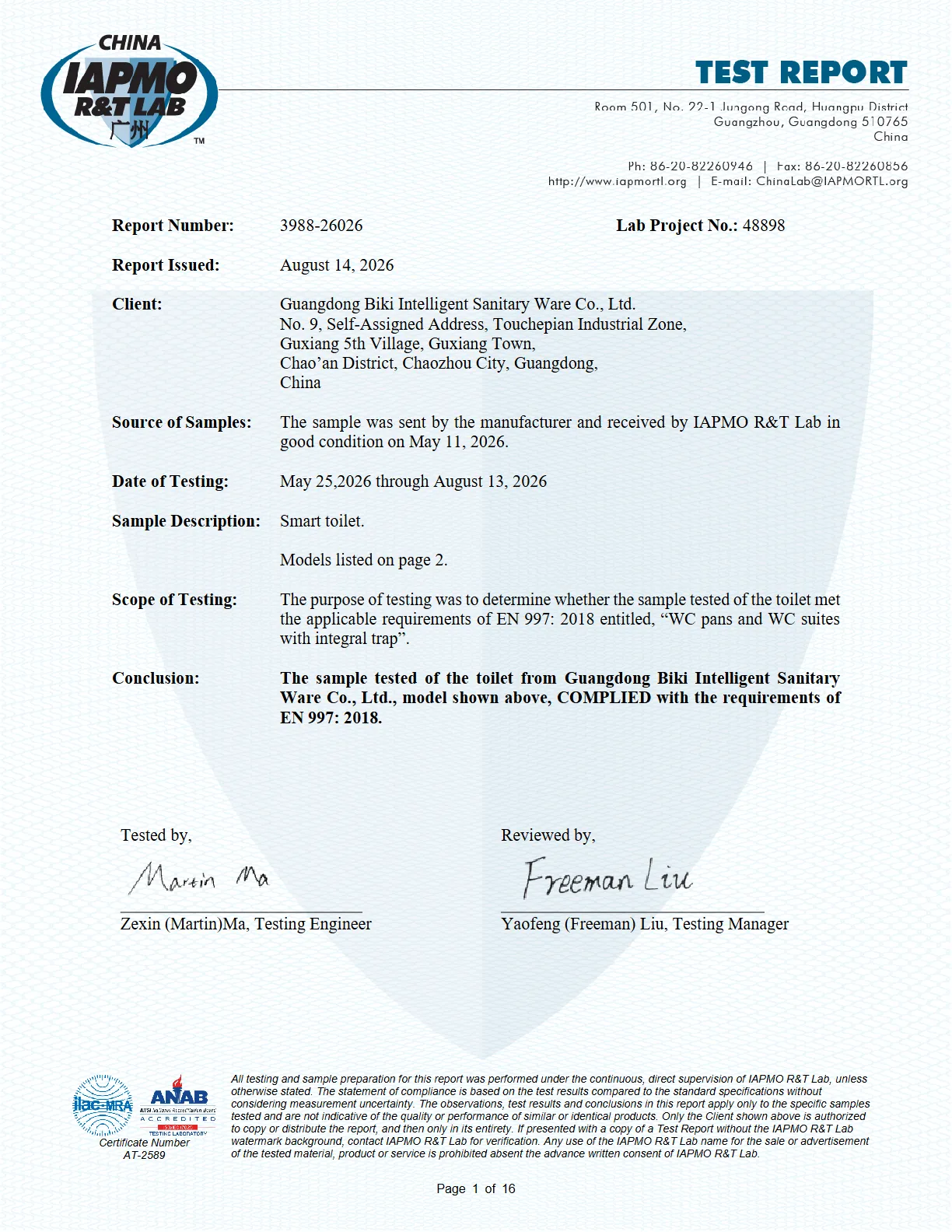 Biki Smart Toilet Ce En997 Test Report 3988 26026