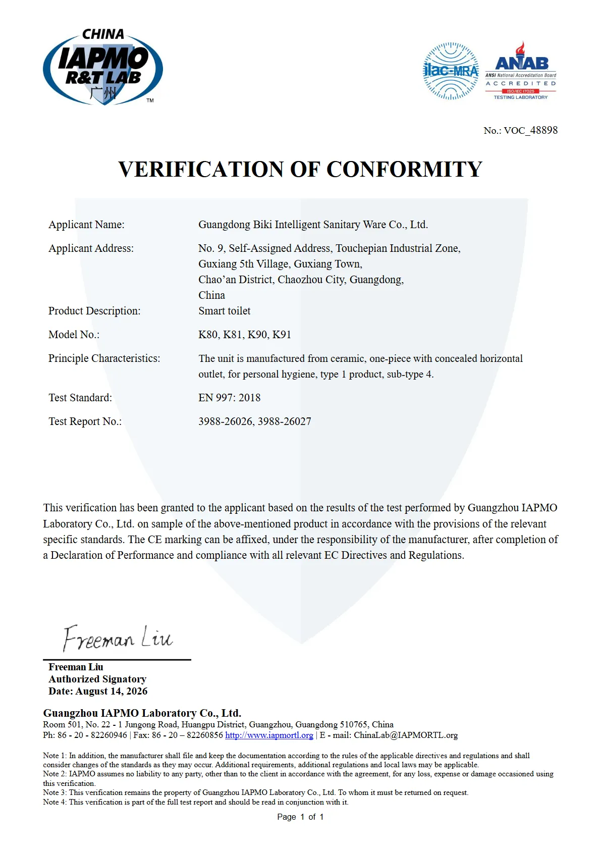 Biki Smart Toilet Ce Voc Conformity Cert Voc48898