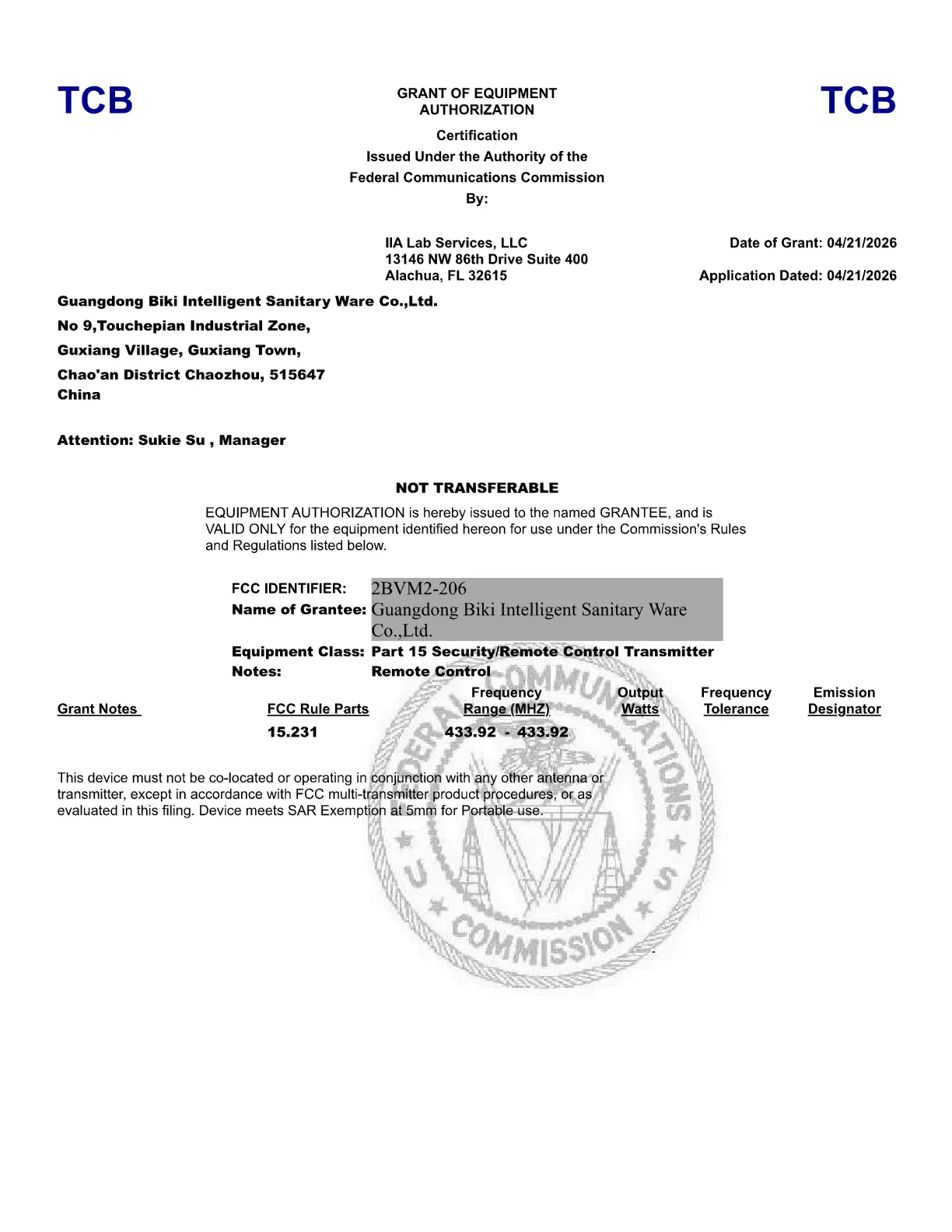 Biki Smart Toilet Fcc Rf Cert 2bvm2 206