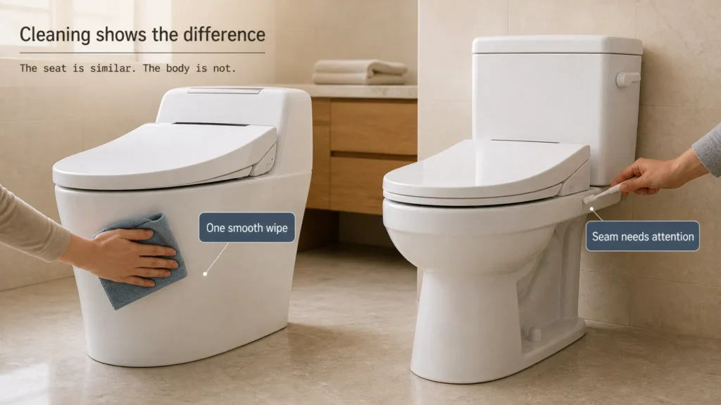 Wiping down the smooth one-piece shell, and cleaning the seam between the two-piece tank and toilet bowl.