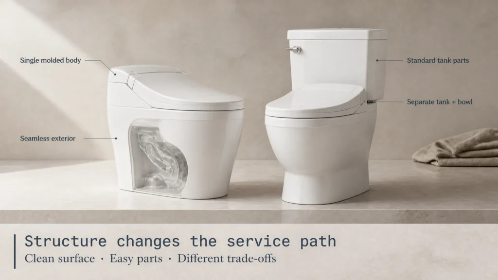One-piece ceramic construction, separate tank and toilet bowl, and differences in seams and repair access paths.