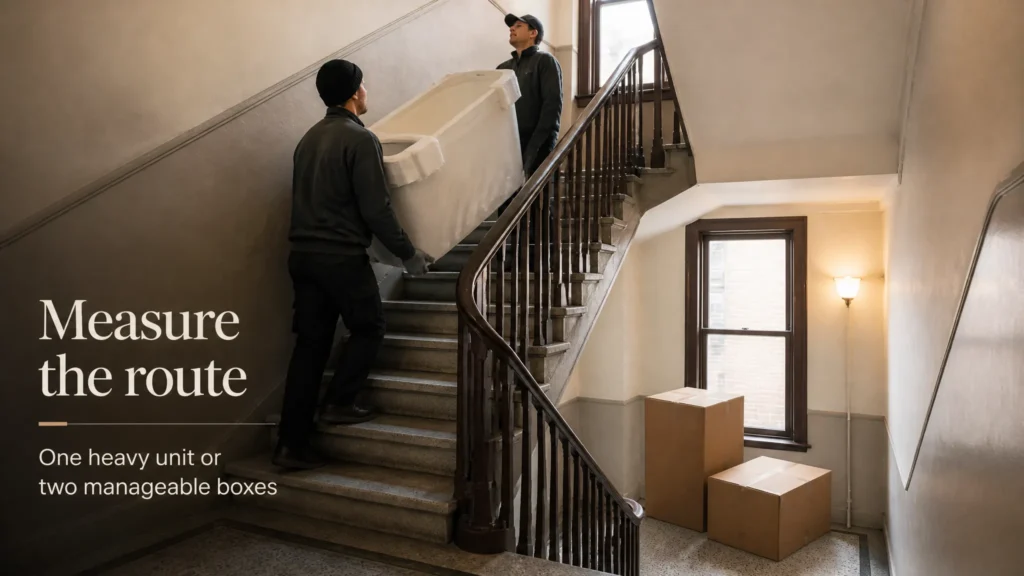 Narrow staircases, 90-degree turns, moving one-piece toilets as a single unit, and moving two-piece toilets in separate boxes.